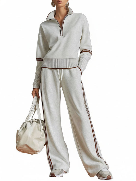 Dames Joggingpak met Halfrits Sweater en Wide Leg Broek met Zijstrepen