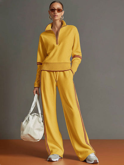 Dames Joggingpak met Halfrits Sweater en Wide Leg Broek met Zijstrepen