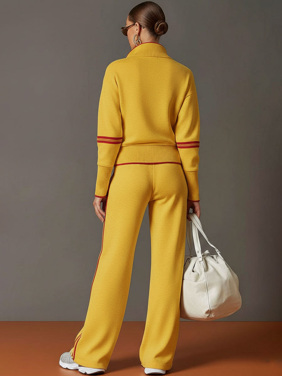 Dames Joggingpak met Halfrits Sweater en Wide Leg Broek met Zijstrepen
