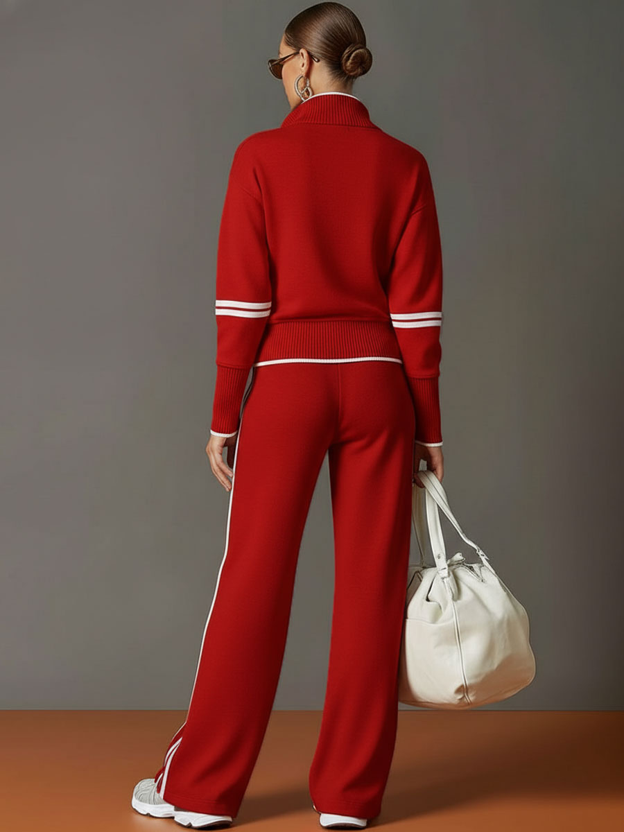 Dames Joggingpak met Halfrits Sweater en Wide Leg Broek met Zijstrepen