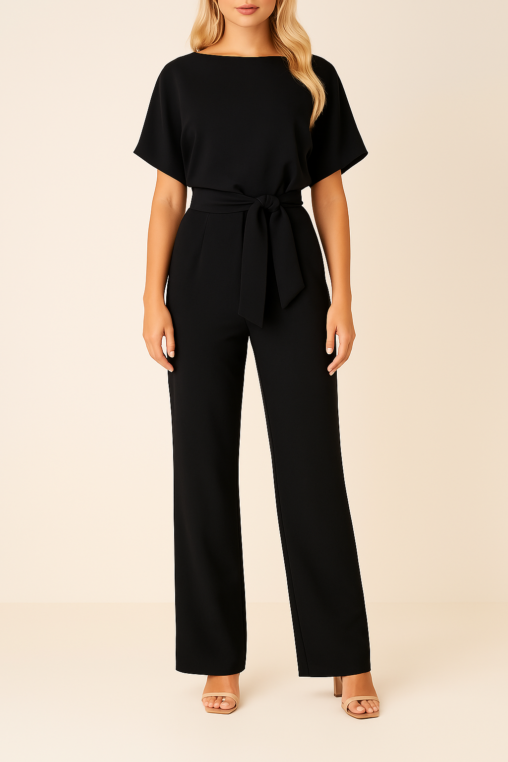 Dames Jumpsuit Korte Mouw met Strikband en Rechte Pijpen Zwart