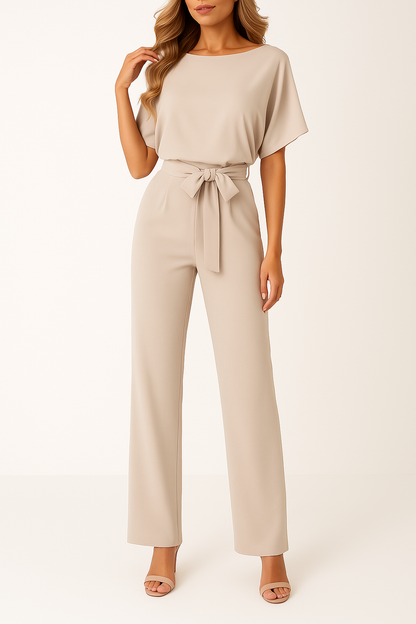Dames Jumpsuit Korte Mouw met Strikband en Rechte Pijpen Beige