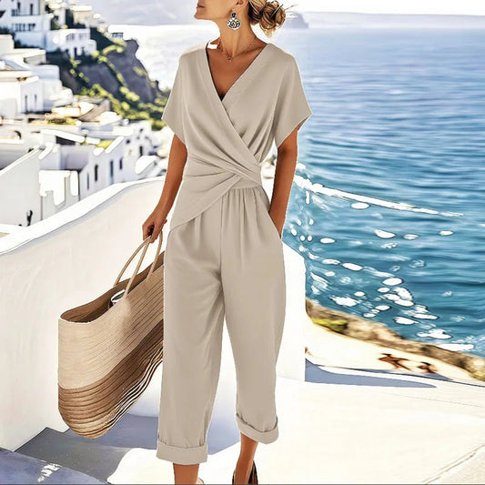 Dames Jumpsuit Korte Mouw met V-hals en Overslag Taille Abrikoos