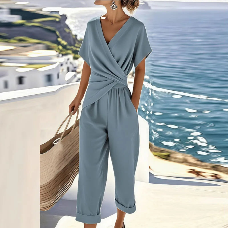 Dames Jumpsuit Korte Mouw met V-hals en Overslag Taille Blauw