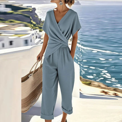 Dames Jumpsuit Korte Mouw met V-hals en Overslag Taille Blauw