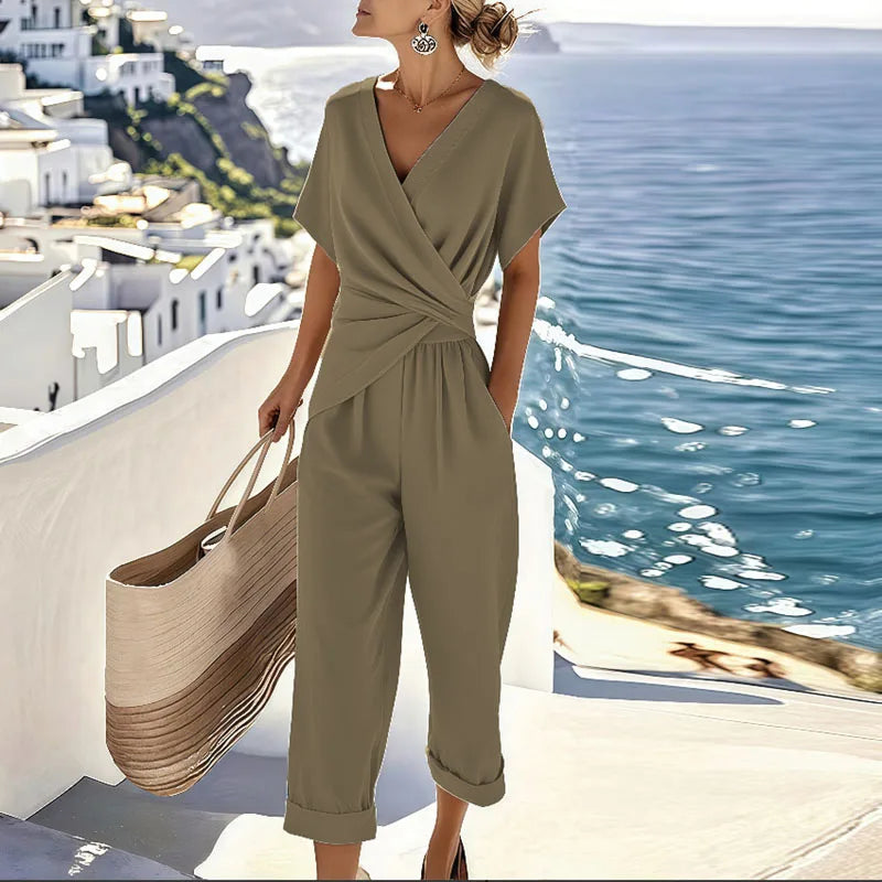 Dames Jumpsuit Korte Mouw met V-hals en Overslag Taille Khaki