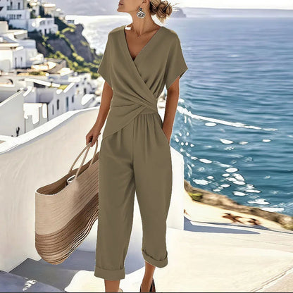 Dames Jumpsuit Korte Mouw met V-hals en Overslag Taille Khaki