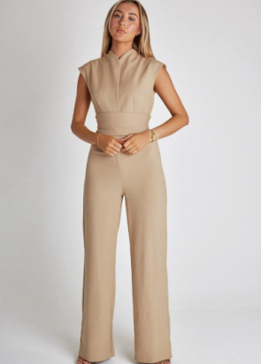 Dames Jumpsuit met Hoge Kraag en Ceintuur Khaki