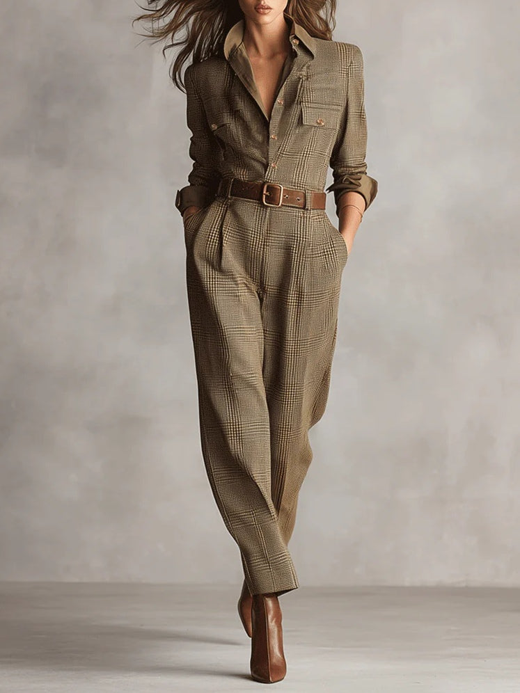 Dames Jumpsuit met Knopen, Kraag en Steekzakken Khaki