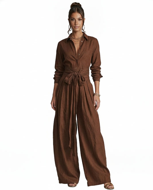 Dames Jumpsuit met Lange Mouw, Hemdkraag en Bindceintuur