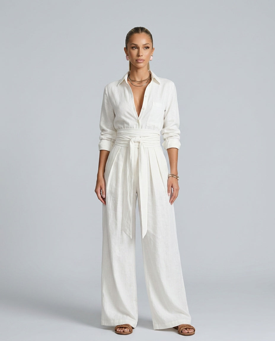 Dames Jumpsuit met Lange Mouw, Hemdkraag en Bindceintuur