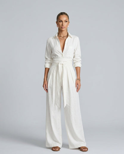 Dames Jumpsuit met Lange Mouw, Hemdkraag en Bindceintuur