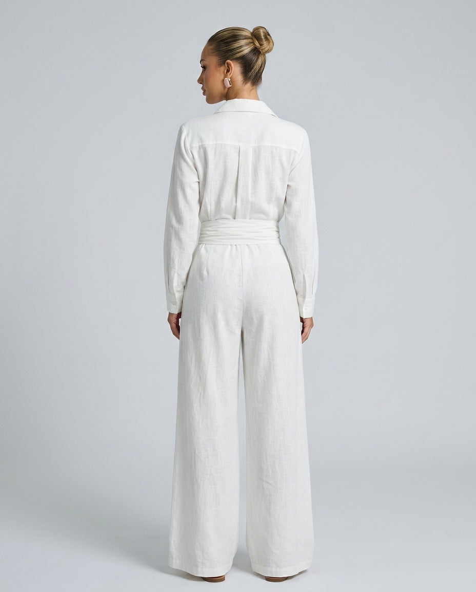 Dames Jumpsuit met Lange Mouw, Hemdkraag en Bindceintuur