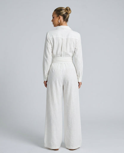 Dames Jumpsuit met Lange Mouw, Hemdkraag en Bindceintuur