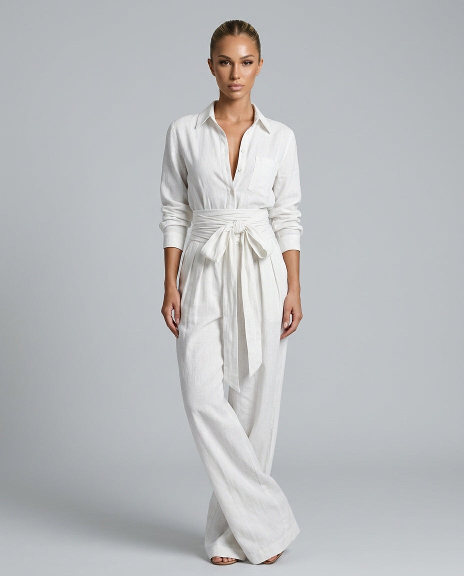Dames Jumpsuit met Lange Mouw, Hemdkraag en Bindceintuur