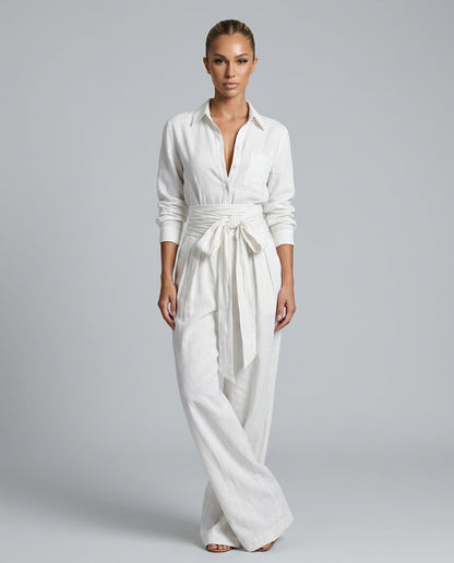Dames Jumpsuit met Lange Mouw, Hemdkraag en Bindceintuur