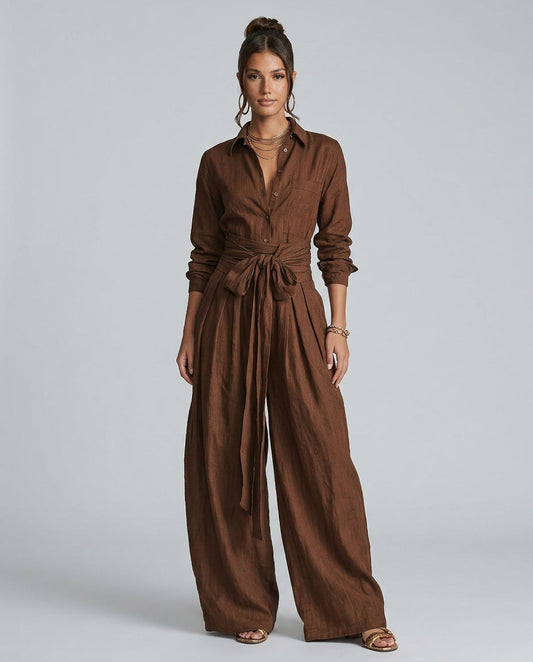 Dames Jumpsuit met Lange Mouw, Hemdkraag en Bindceintuur