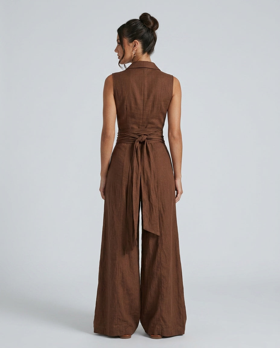 Dames Jumpsuit met Lange Mouw, Hemdkraag en Bindceintuur