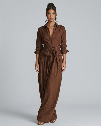 Dames Jumpsuit met Lange Mouw, Hemdkraag en Bindceintuur