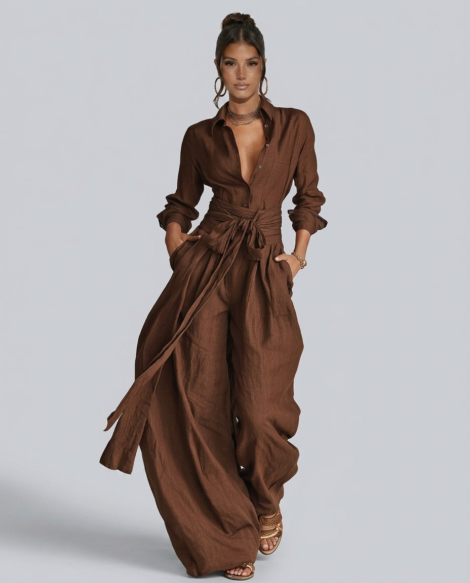Dames Jumpsuit met Lange Mouw, Hemdkraag en Bindceintuur