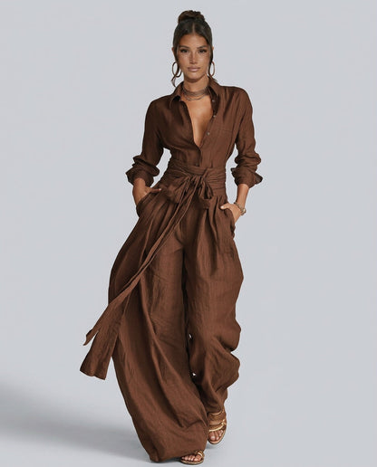 Dames Jumpsuit met Lange Mouw, Hemdkraag en Bindceintuur