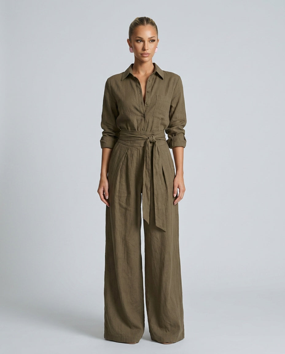 Dames Jumpsuit met Lange Mouw, Hemdkraag en Bindceintuur