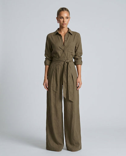 Dames Jumpsuit met Lange Mouw, Hemdkraag en Bindceintuur