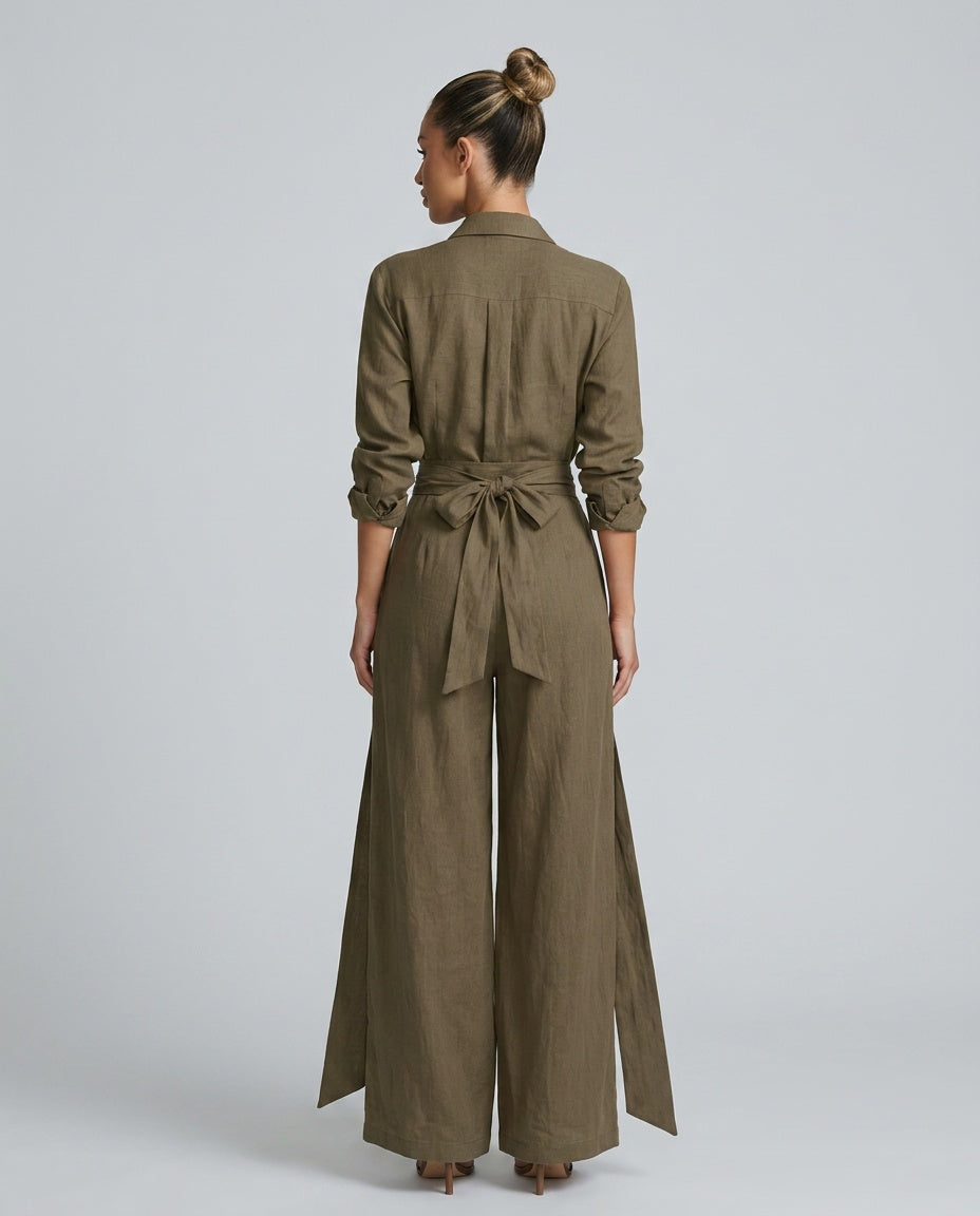 Dames Jumpsuit met Lange Mouw, Hemdkraag en Bindceintuur
