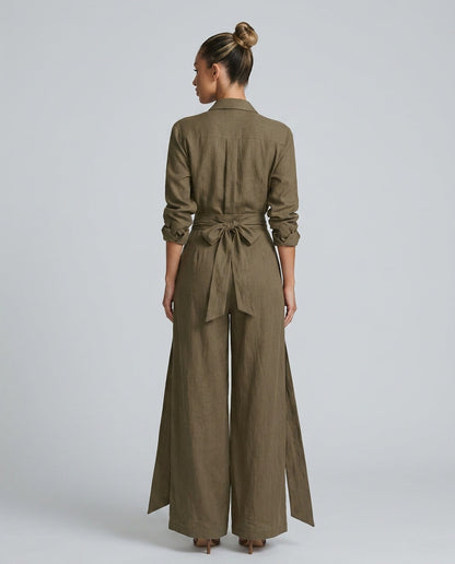 Dames Jumpsuit met Lange Mouw, Hemdkraag en Bindceintuur