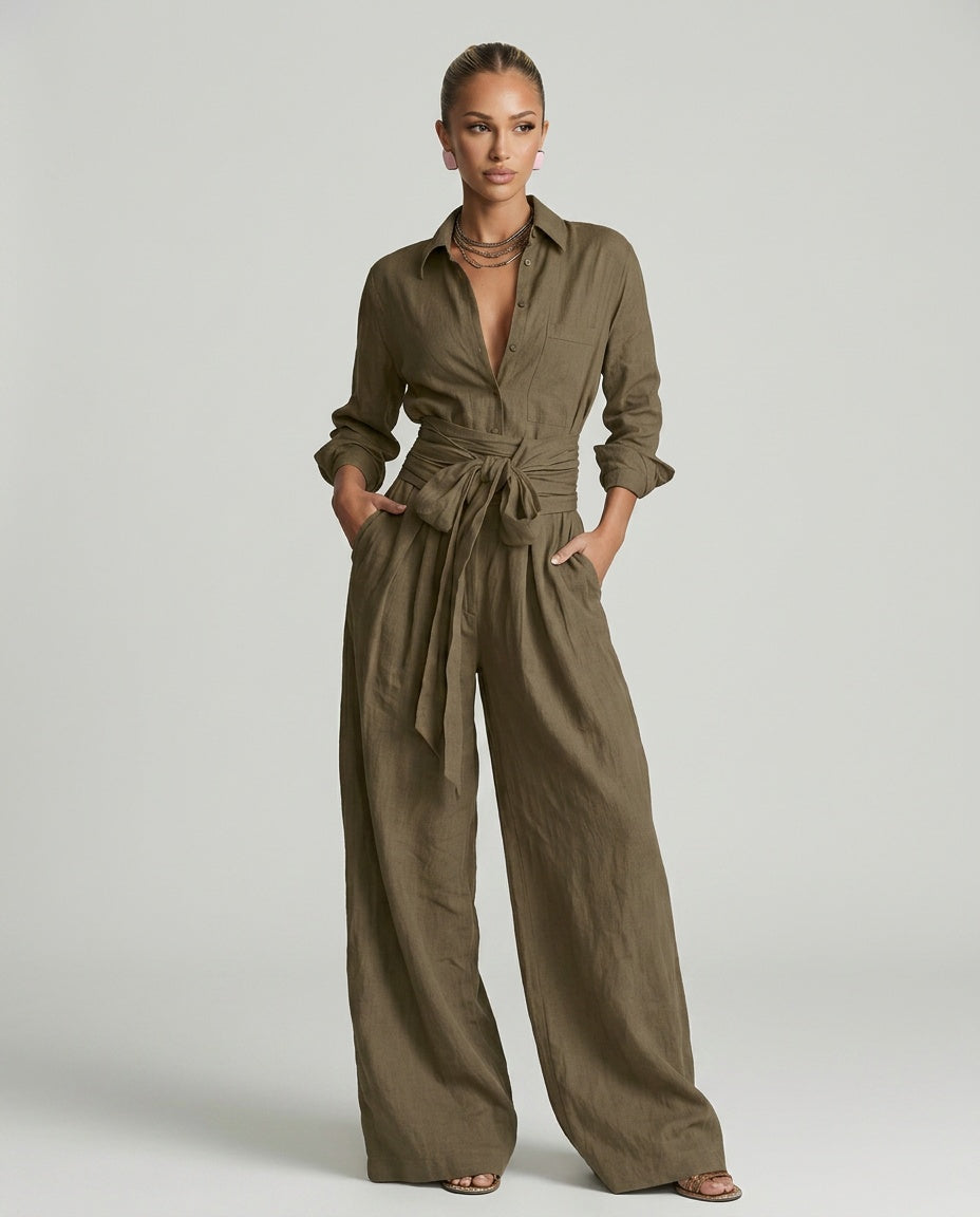 Dames Jumpsuit met Lange Mouw, Hemdkraag en Bindceintuur