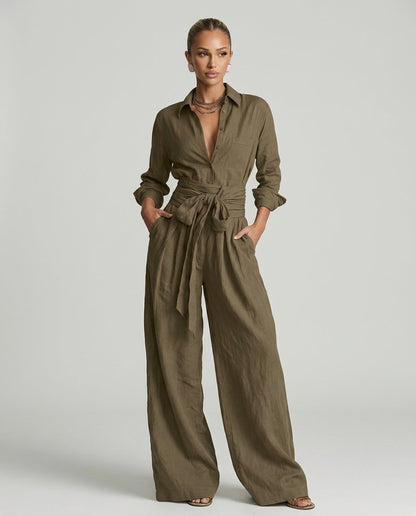Dames Jumpsuit met Lange Mouw, Hemdkraag en Bindceintuur
