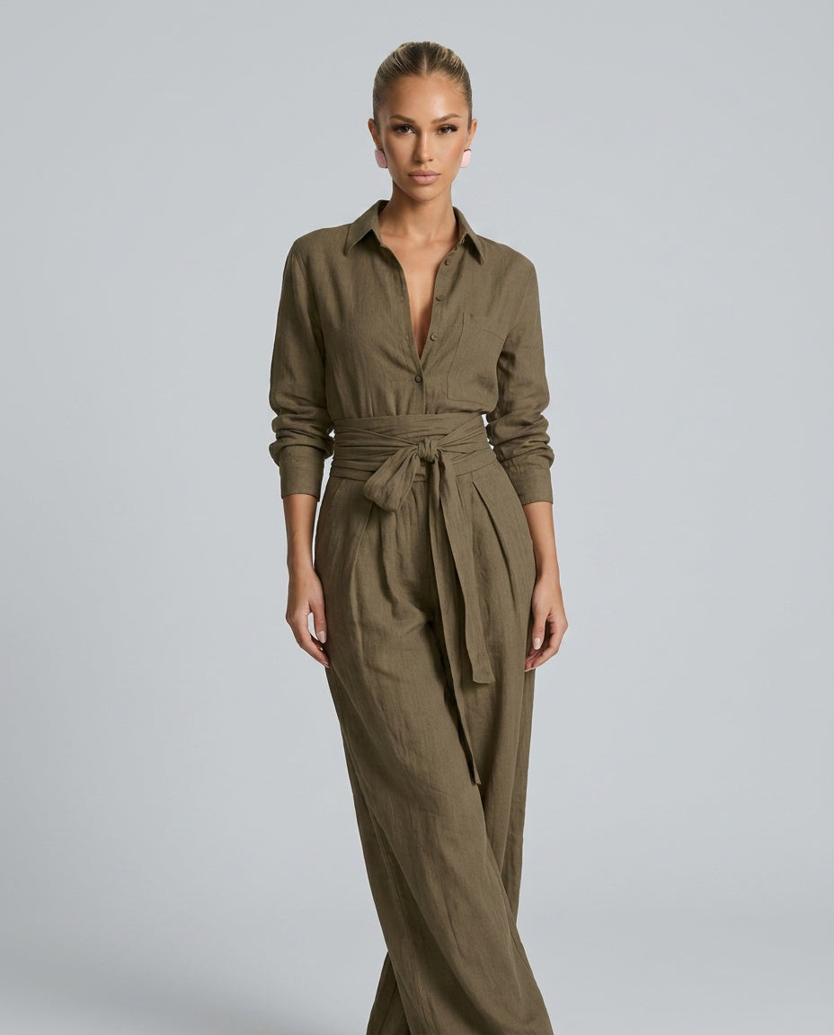 Dames Jumpsuit met Lange Mouw, Hemdkraag en Bindceintuur