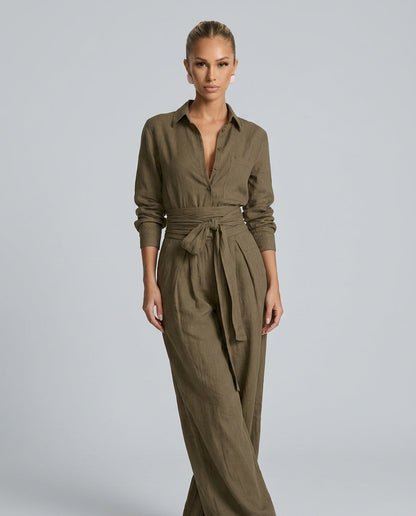 Dames Jumpsuit met Lange Mouw, Hemdkraag en Bindceintuur