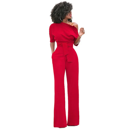 Dames Jumpsuit met Open Schouder en Strikband Rood