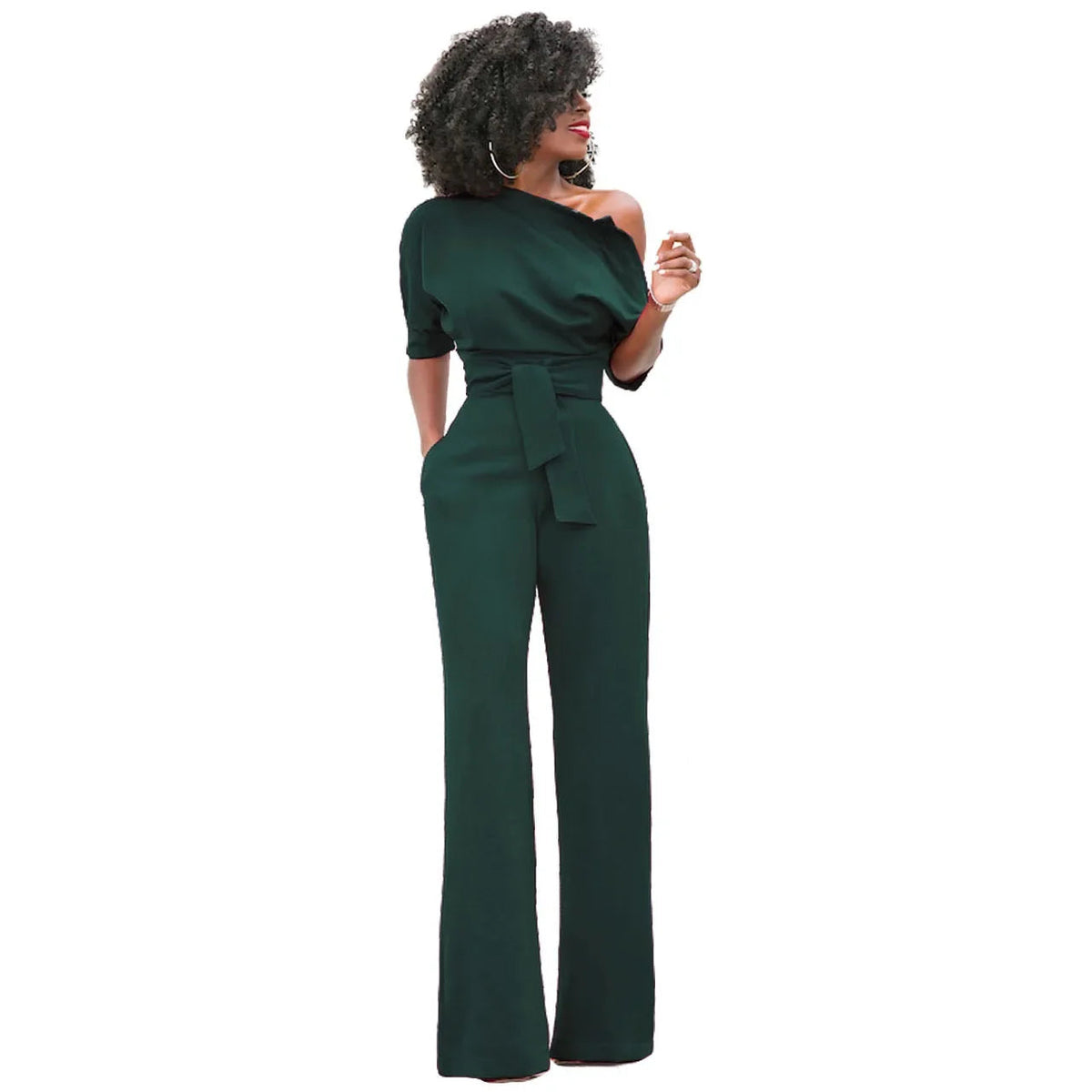 Dames Jumpsuit met Open Schouder en Strikband Donkergroen