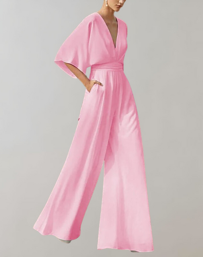 Dames Jumpsuit met V-hals, Vleermouwen en Wijde Pijpen Roze