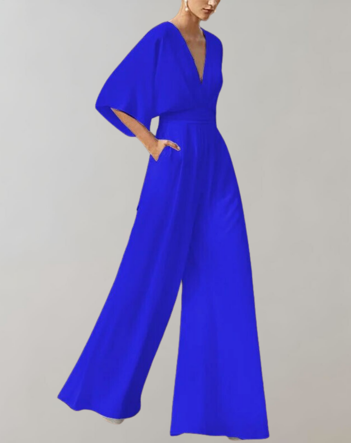 Dames Jumpsuit met V-hals, Vleermouwen en Wijde Pijpen Blauw