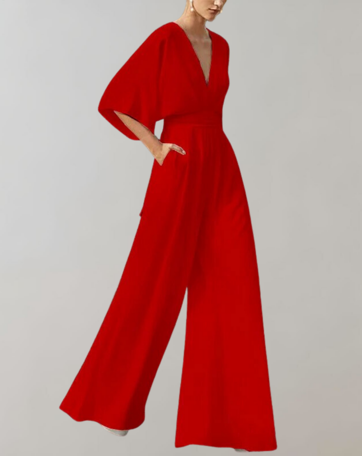 Dames Jumpsuit met V-hals, Vleermouwen en Wijde Pijpen Rood