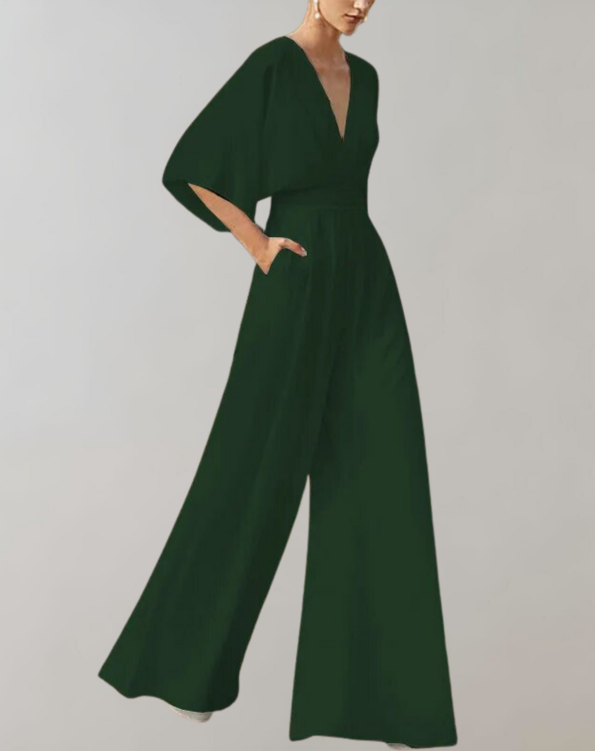 Dames Jumpsuit met V-hals, Vleermouwen en Wijde Pijpen Groen