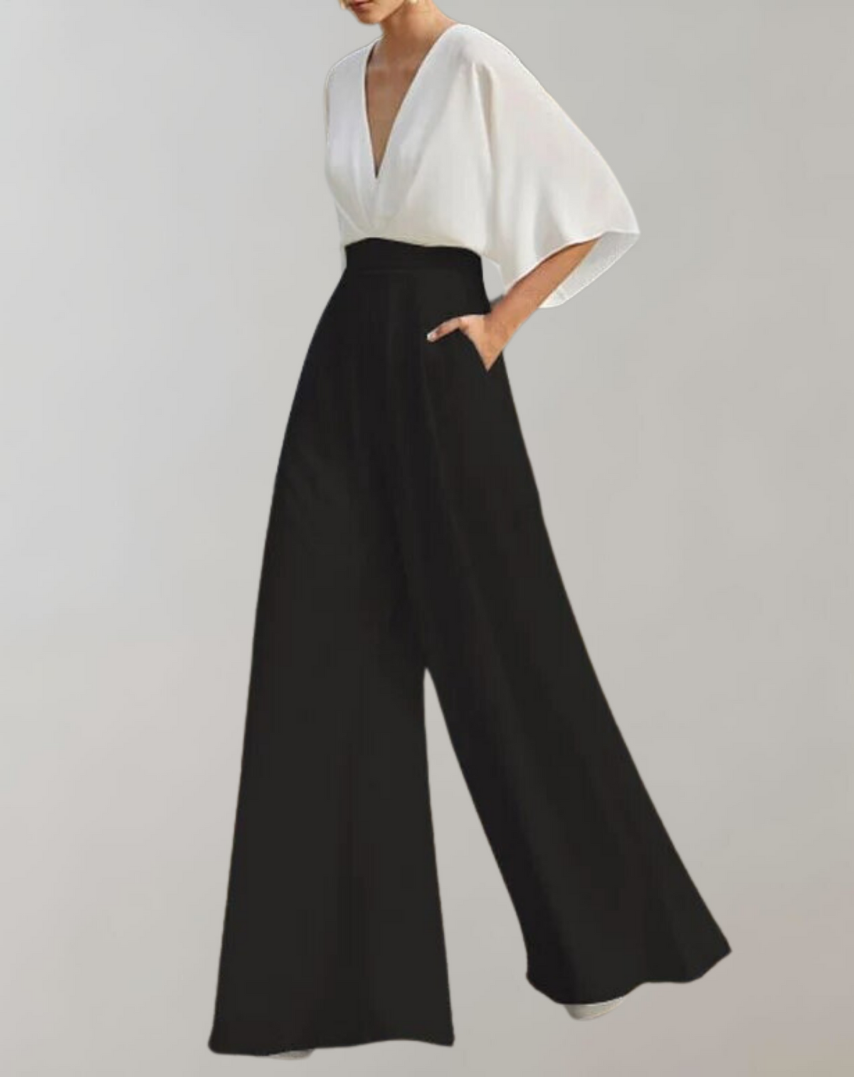 Dames Jumpsuit met V-hals, Vleermouwen en Wijde Pijpen Wit Zwart