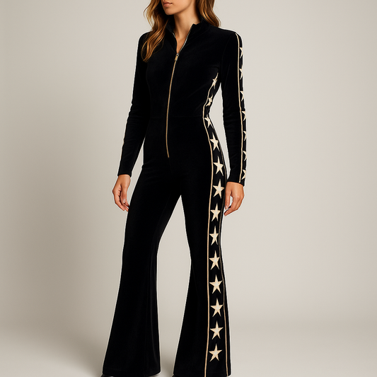 Dames Jumpsuit met Wijde Pijpen en Voorrits met Sterrenprint Zwart