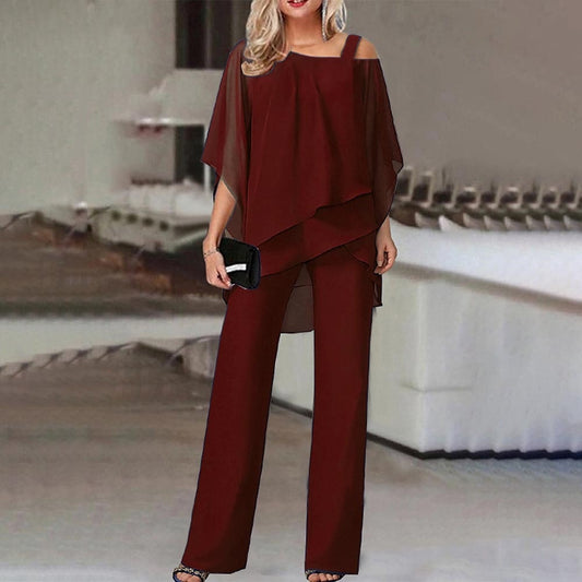 Dames Jumpsuit Set met Off-Shoulder Top en Elegante Stijl Bordeauxrood