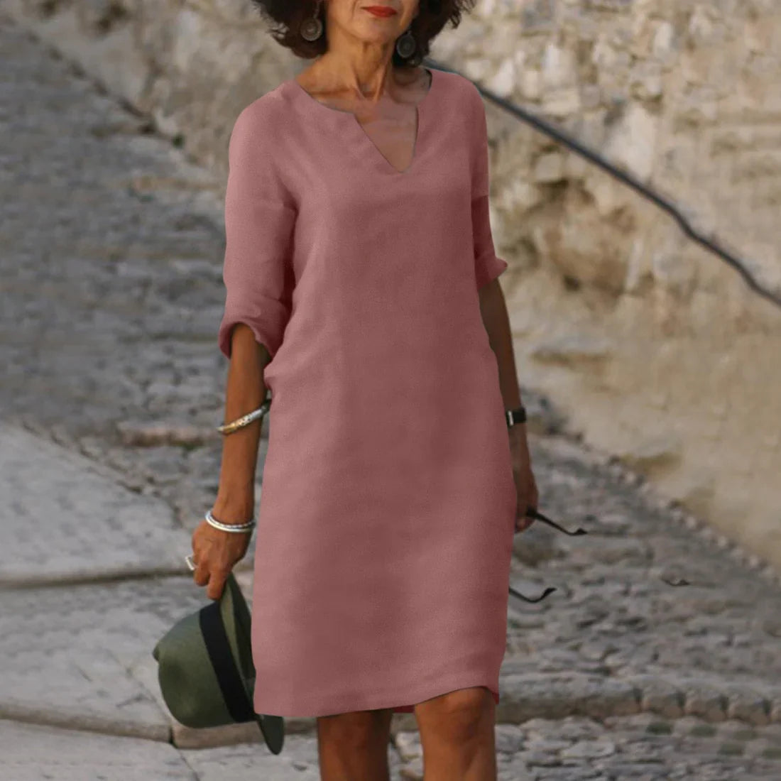 Dames Jurk met V-hals en 3/4 Mouwen en Knielange Lengte Roze