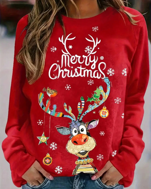 Dames Kersttrui met Rendierprint en Ronde Hals Rood