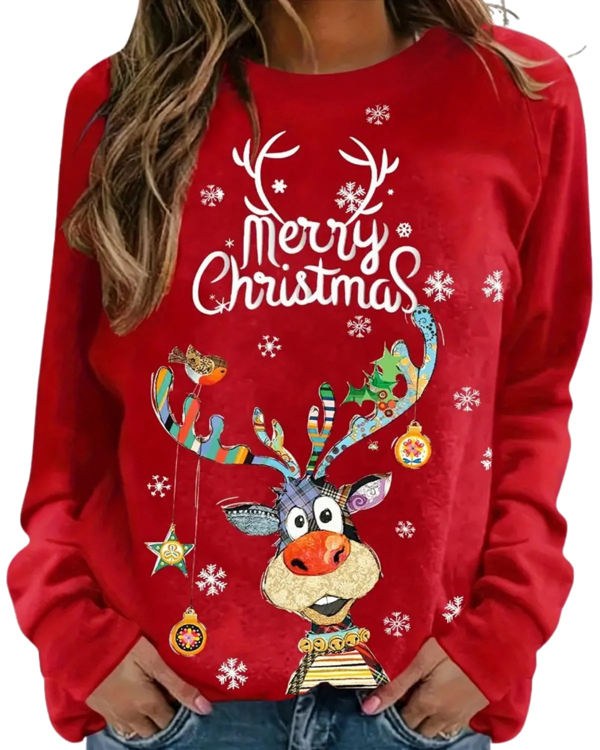 Dames Kersttrui met Rendierprint en Ronde Hals