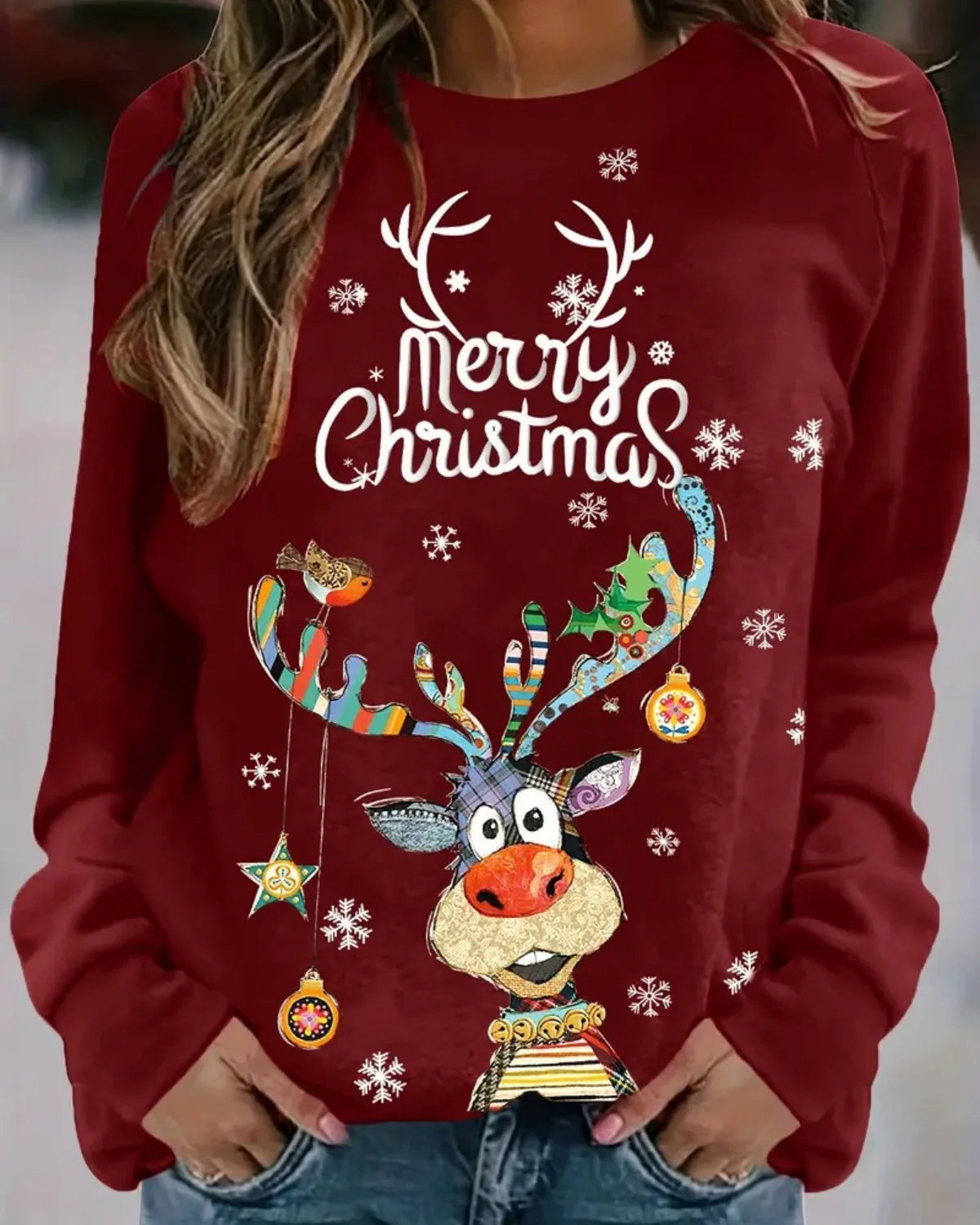 Dames Kersttrui met Rendierprint en Ronde Hals