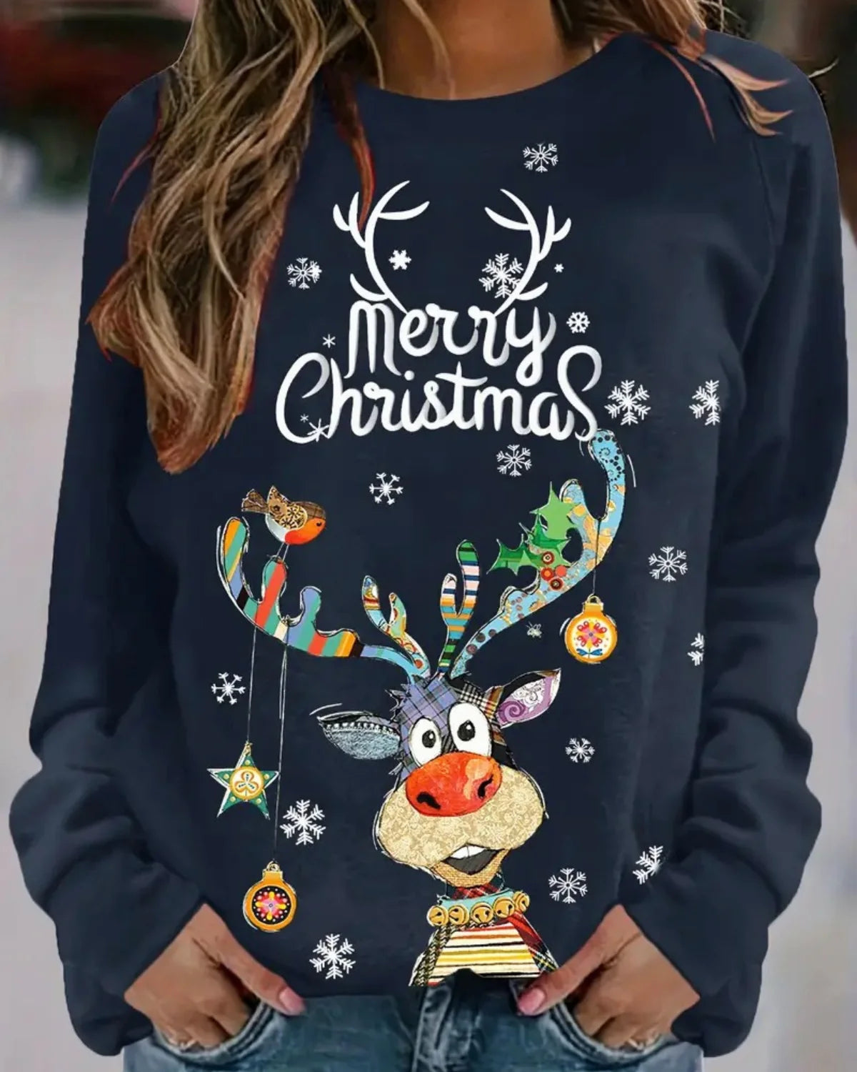 Dames Kersttrui met Rendierprint en Ronde Hals