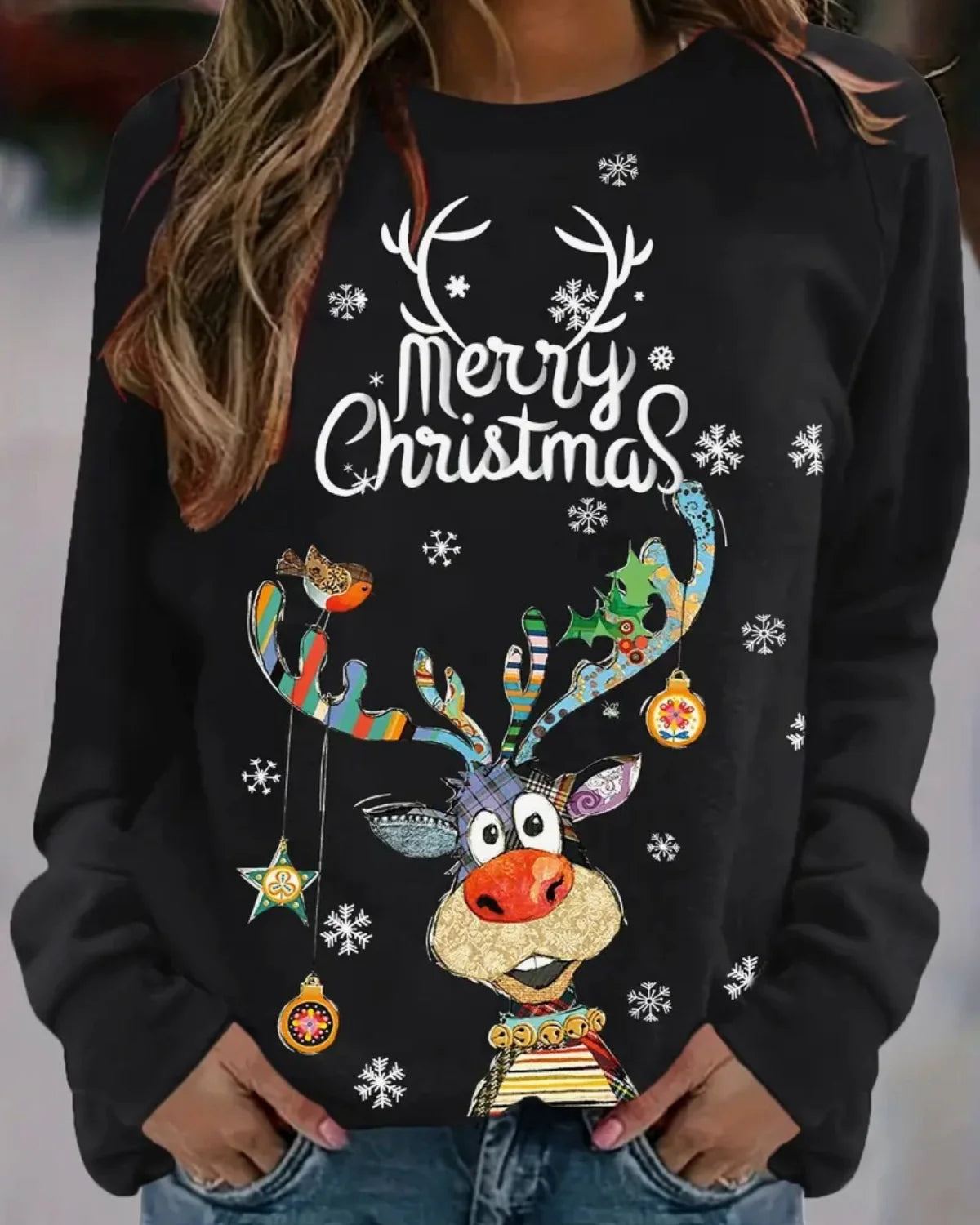 Dames Kersttrui met Rendierprint en Ronde Hals Zwart