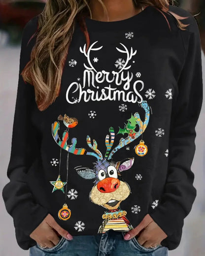 Dames Kersttrui met Rendierprint en Ronde Hals Zwart