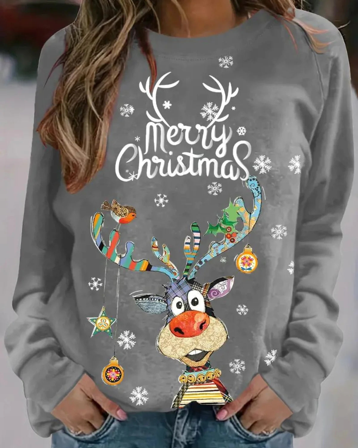 Dames Kersttrui met Rendierprint en Ronde Hals Grijs